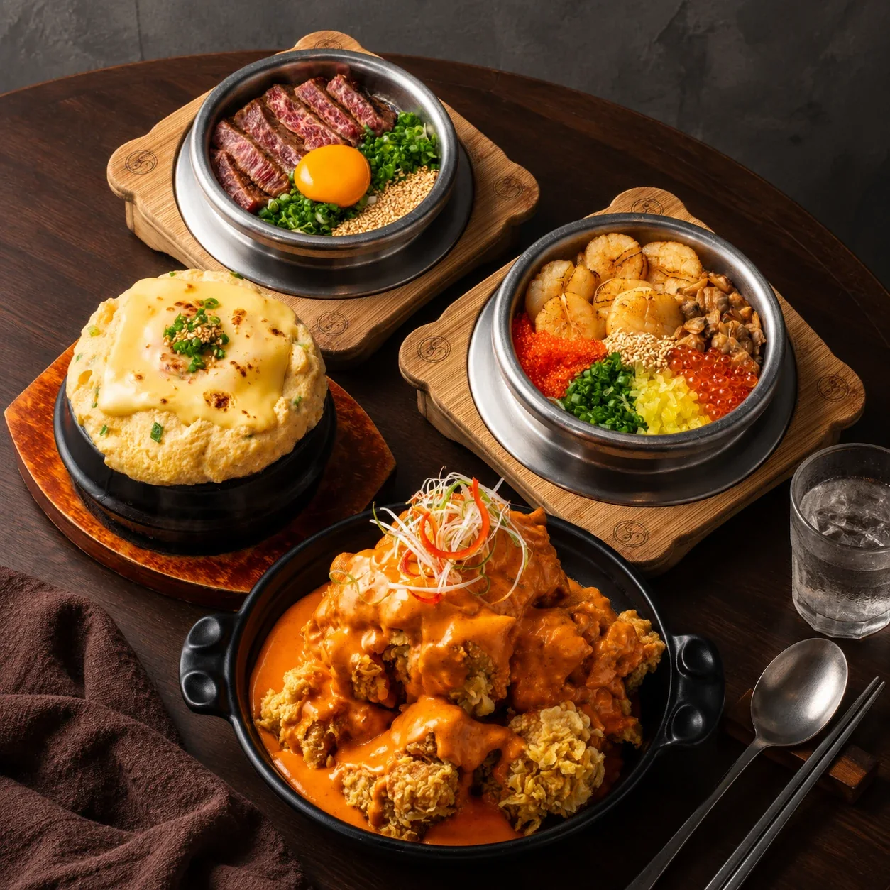A shared Sagye table with beef and scallop Sotbap, steamed egg and fried chicken